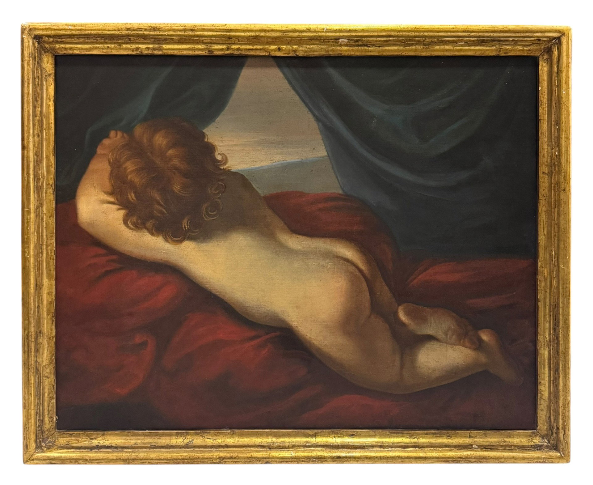 Altes Ölgemälde auf Leinwand – Liegender Putto, von hinten porträtiert